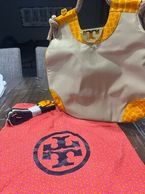 Tory Burch Cream Tote with Yellow Patent Trim